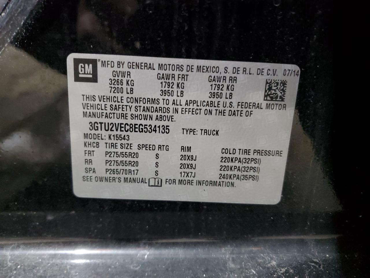 2014 GMC Sierra VIN 3GTU2VEC8EG534135 Copart auction photo, front end damage thumbnail 13