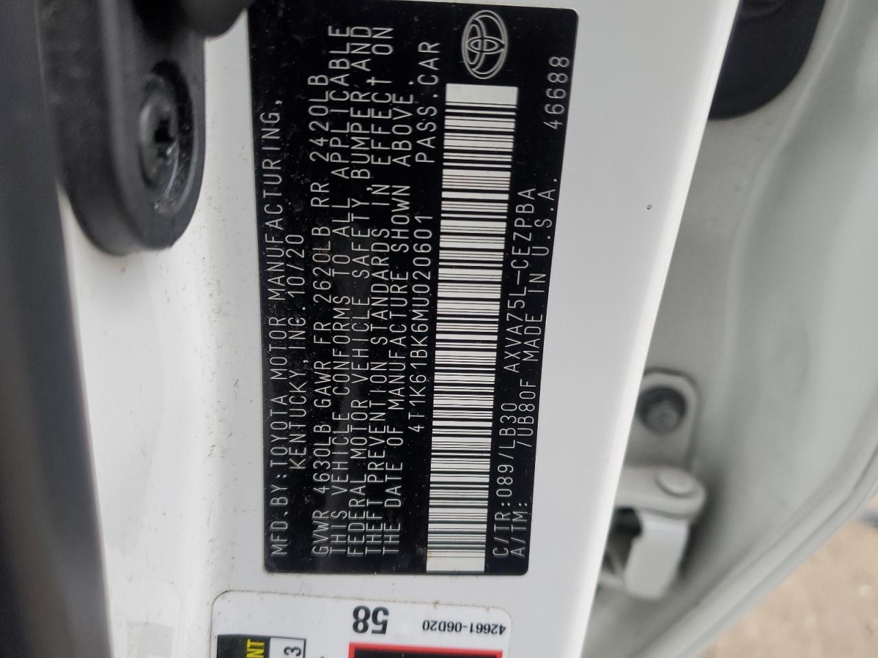 2021 Toyota Camry VIN 4T1K61BK6MU020601 Copart auction photo, front end / side damage thumbnail 12