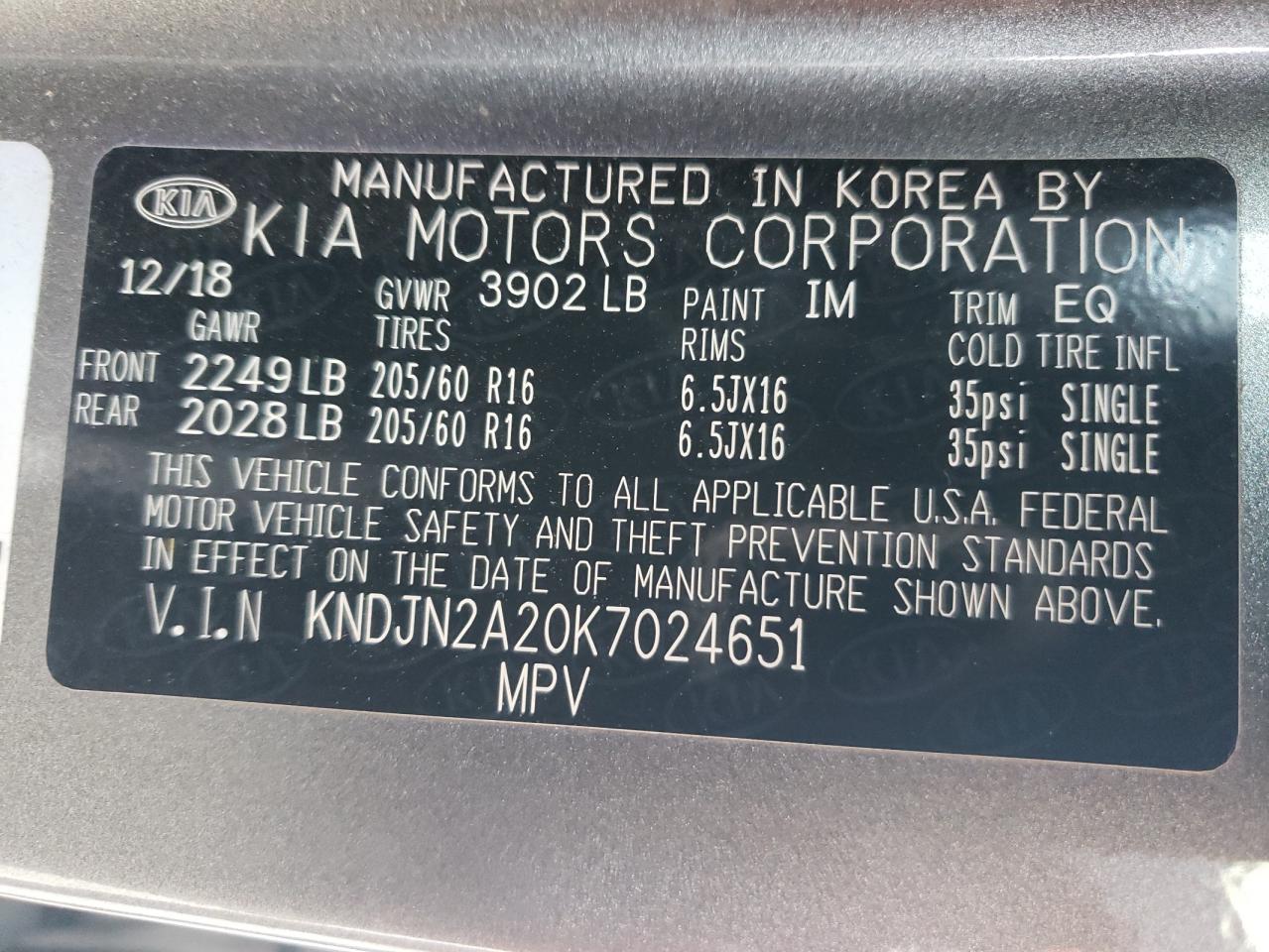 2019 KIA Soul VIN KNDJN2A20K7024651 Copart auction photo, all over damage thumbnail 12