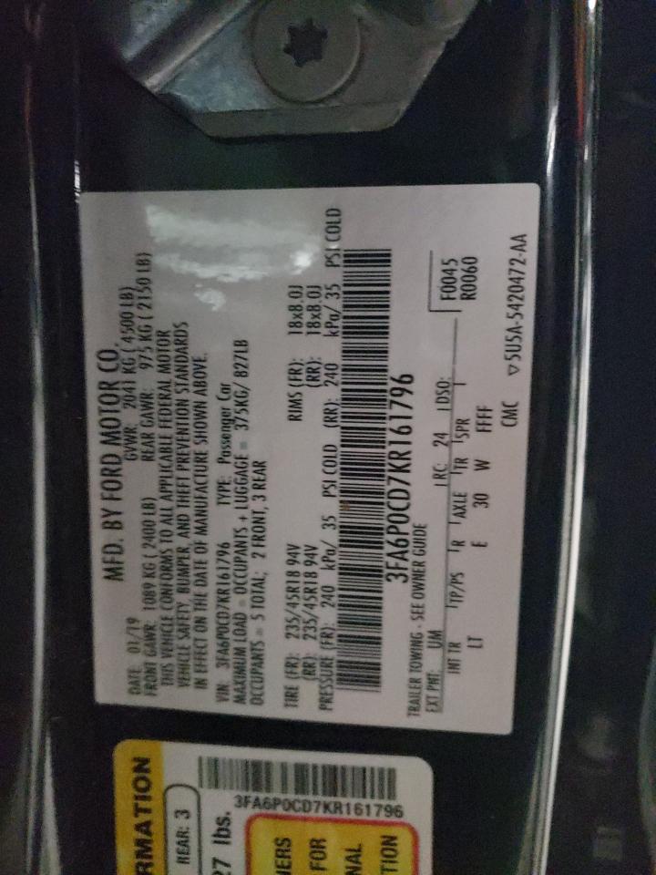 2019 Ford Fusion VIN 3FA6P0CD7KR161796 Copart auction photo, all over damage thumbnail 14