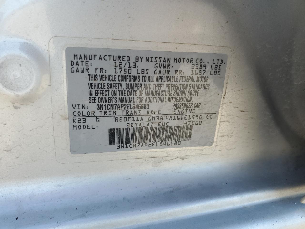 2014 Nissan Versa VIN 3N1CN7AP2EL846680 Copart auction photo, front end / mechanical damage thumbnail 13