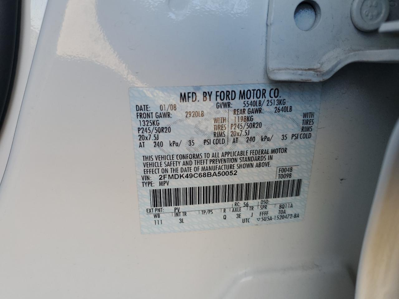 2008 Ford Edge VIN 2FMDK49C68BA50052 Copart auction photo, front end damage thumbnail 12