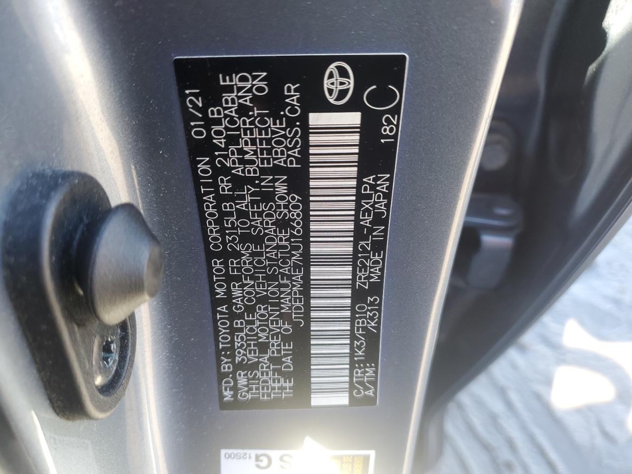 2021 Toyota Corolla VIN JTDEPMAE7MJ166809 Copart auction photo, front end / minor dent/scratches damage thumbnail 13