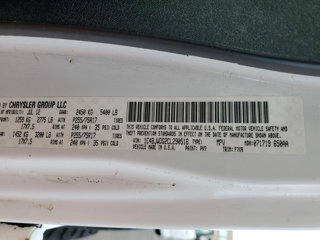 2012 Jeep Wrangler VIN 1C4BJWDG2CL290518 Copart auction photo, side / hail damage thumbnail 13