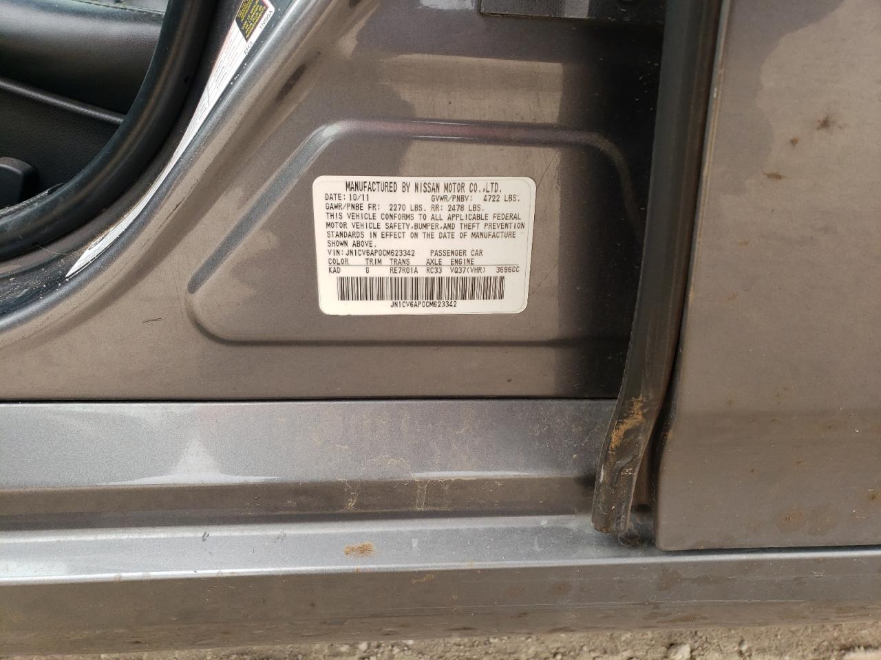 2012 Infiniti G VIN JN1CV6AP0CM623342 Copart auction photo, undercarriage damage thumbnail 12