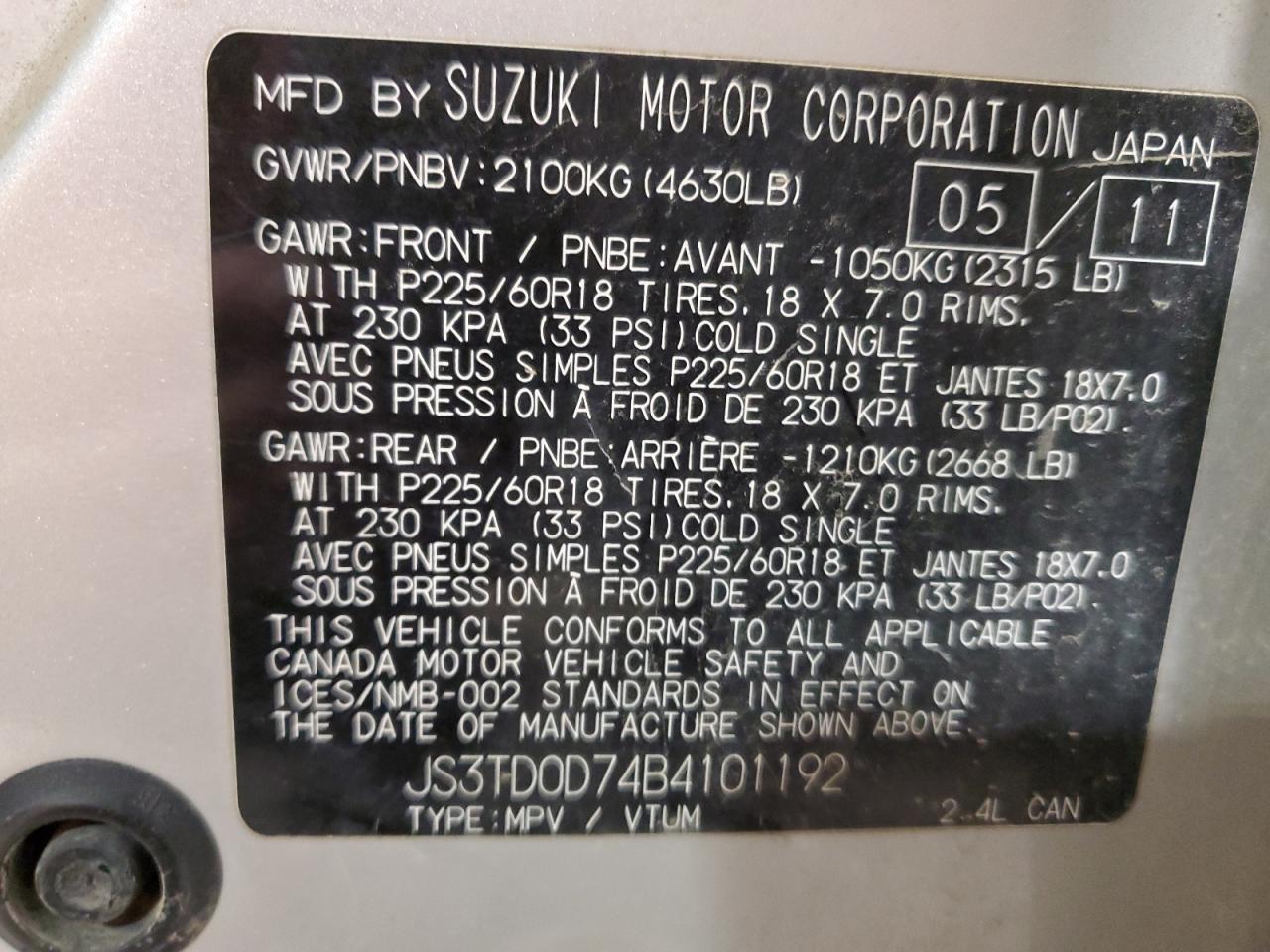 2011 Suzuki Grand Vitara VIN JS3TD0D74B4101192 Copart auction photo, undercarriage / mechanical damage thumbnail 13