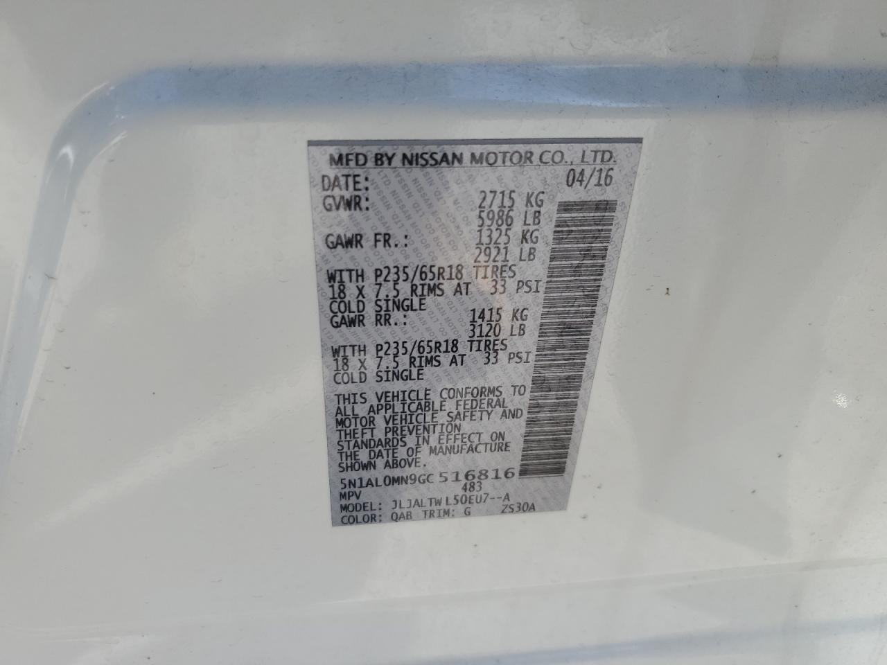 2016 Infiniti QX60 VIN 5N1AL0MN9GC516816 Copart auction photo, front end damage thumbnail 14