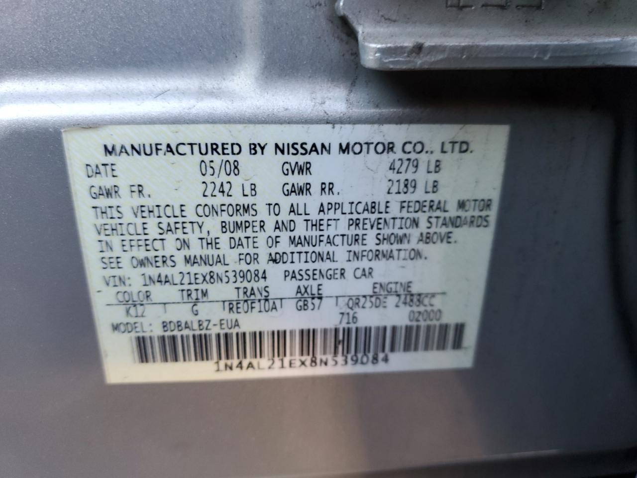 2008 Nissan Altima VIN 1N4AL21EX8N539084 Copart auction photo, rear end damage thumbnail 12