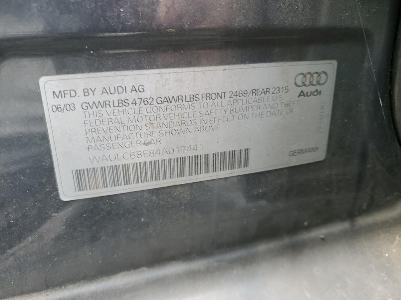 2004 Audi A4 VIN WAULC68E84A017441 Copart auction photo, front end damage thumbnail 14
