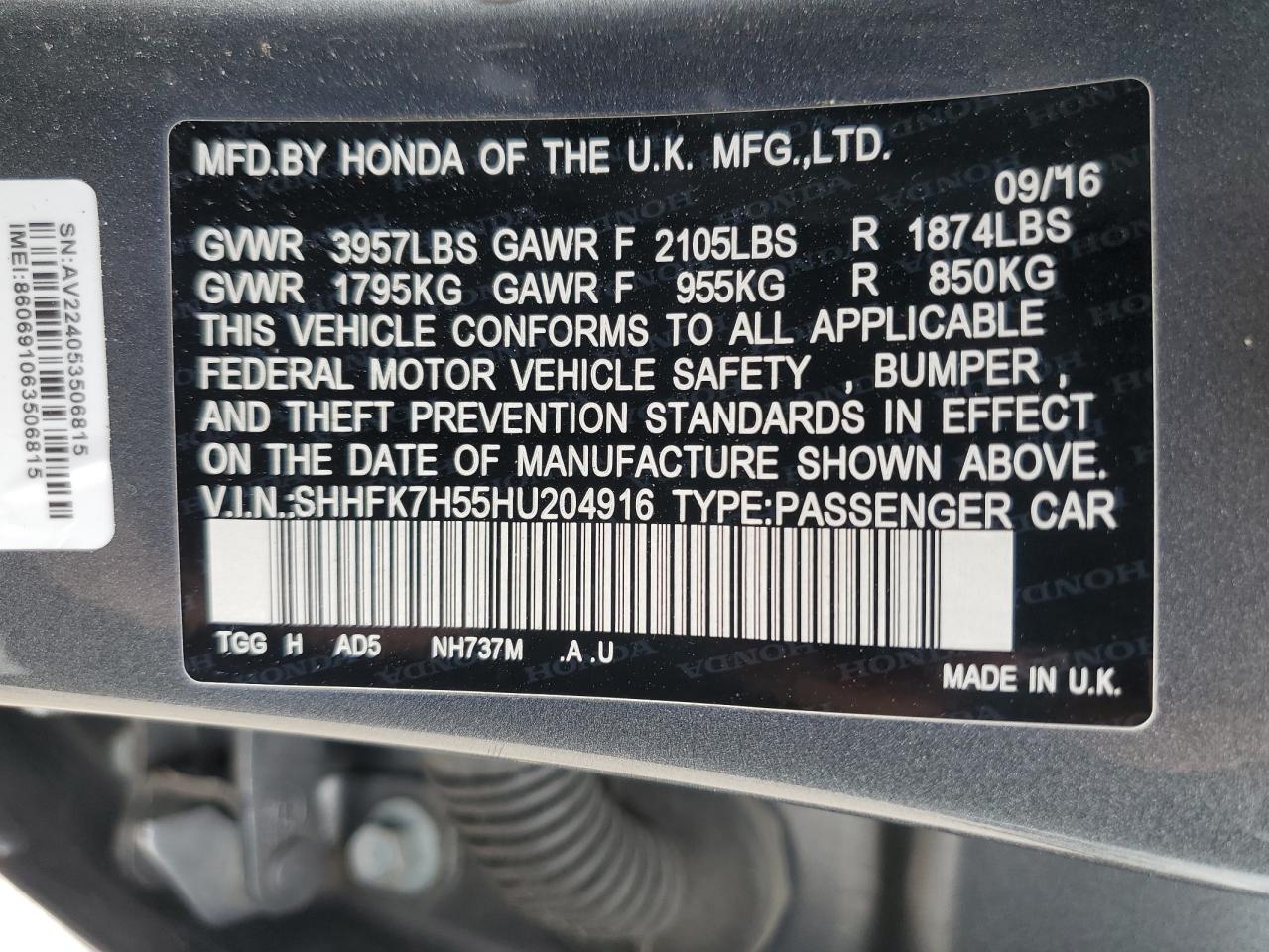 2017 Honda Civic VIN SHHFK7H55HU204916 Copart auction photo, front end damage thumbnail 13