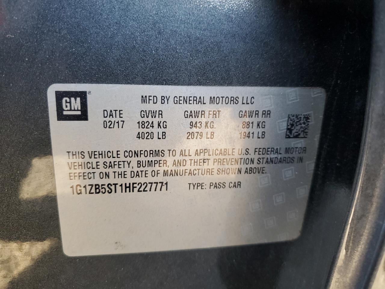 2017 Chevrolet Malibu VIN 1G1ZB5ST1HF227771 Copart auction photo, front end / minor dent/scratches damage thumbnail 12