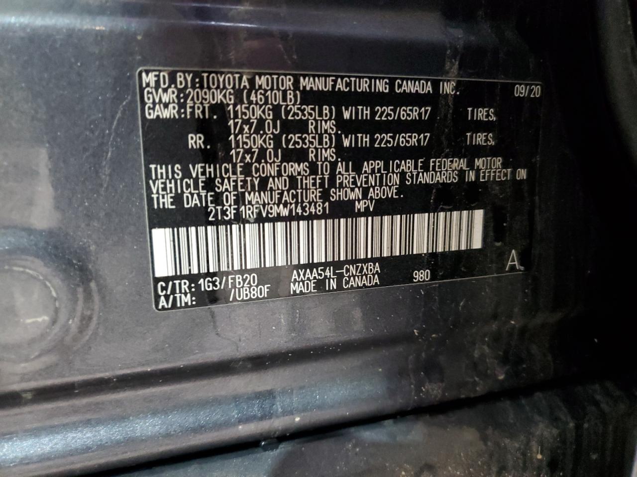 2021 Toyota RAV 4 VIN 2T3F1RFV9MW143481 Copart auction photo, vandalism / stripped damage thumbnail 13