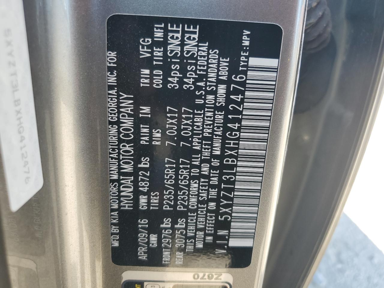 2017 Hyundai Santa Fe VIN 5XYZT3LBXHG412476 Copart auction photo, front end damage thumbnail 15