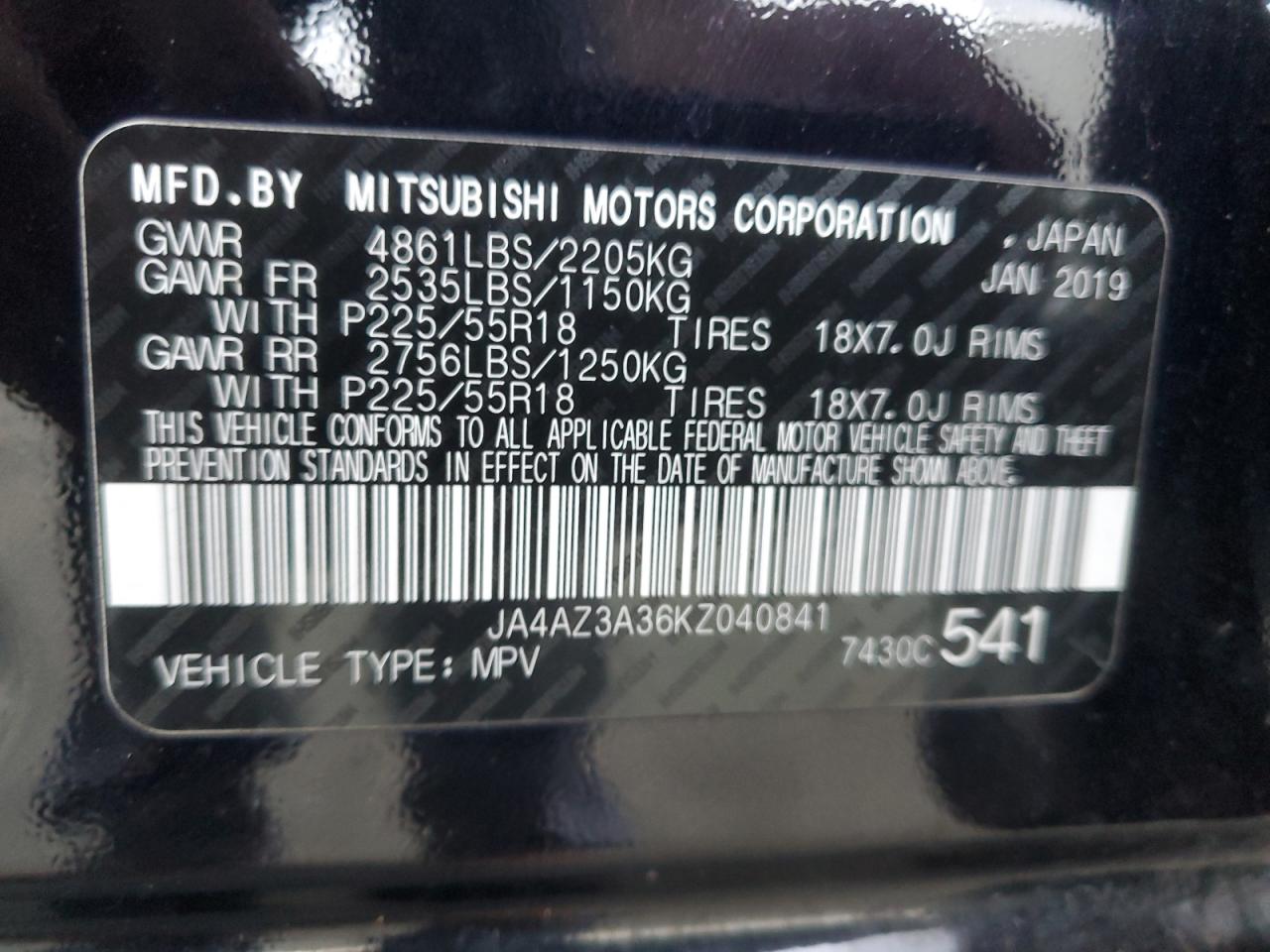 2019 Mitsubishi Outlander VIN JA4AZ3A36KZ040841 Copart auction photo, front end damage thumbnail 15