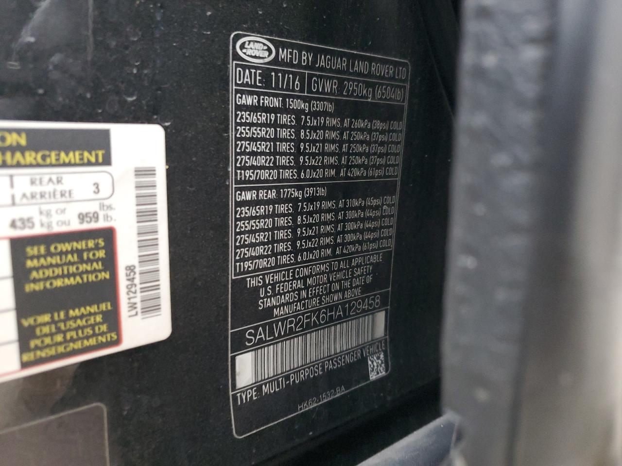 2017 Land Rover Range Rover VIN SALWR2FK6HA129458 Copart auction photo, rear end / side damage thumbnail 13