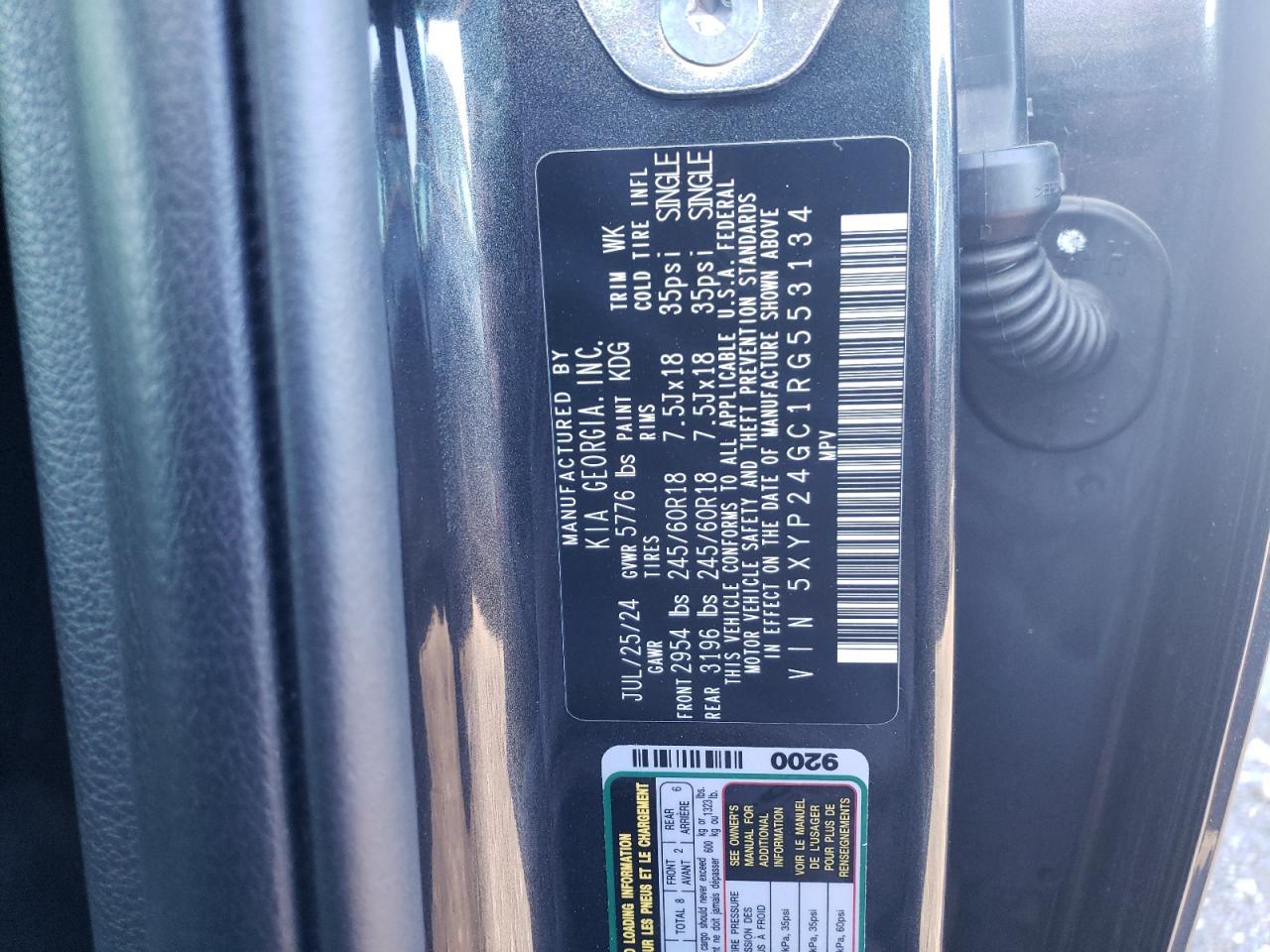 2024 KIA Telluride VIN 5XYP24GC1RG553134 Copart auction photo, water/flood damage thumbnail 12