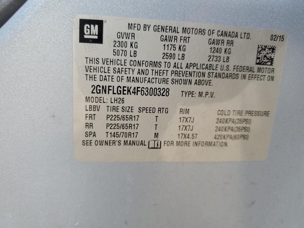 2015 Chevrolet Equinox VIN 2GNFLGEK4F6300328 Copart auction photo, burn - engine / rear end damage thumbnail 15