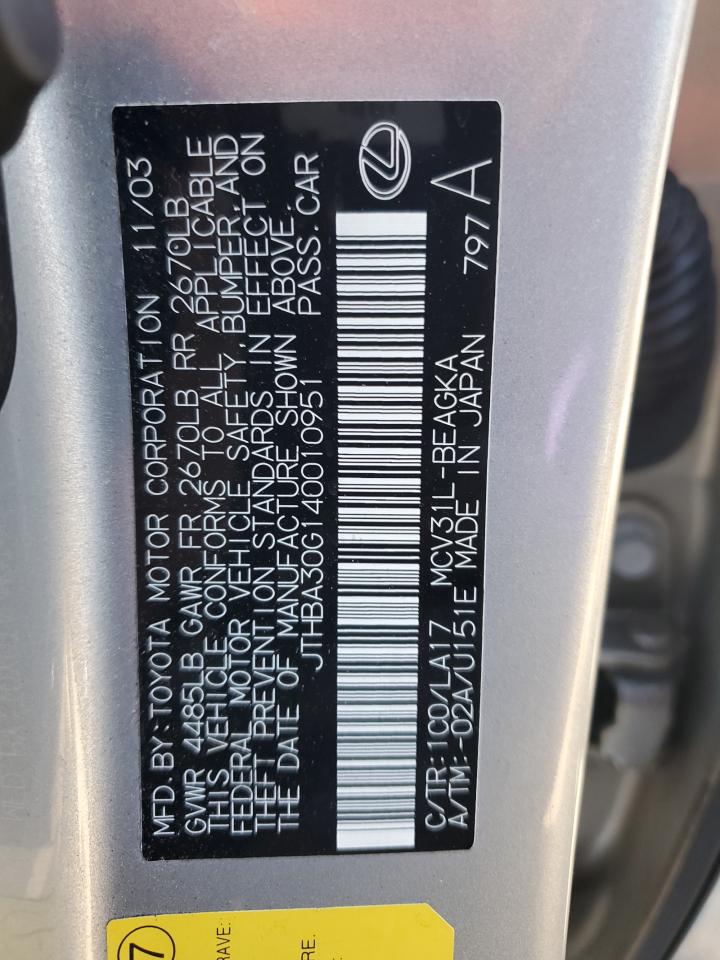 2004 Lexus ES VIN JTHBA30G140010951 Copart auction photo, vandalism / mechanical damage thumbnail 12
