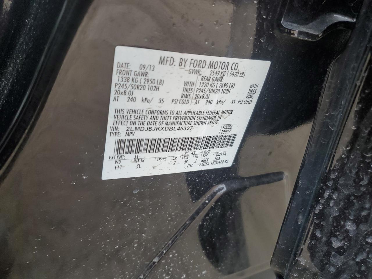 2013 Lincoln MKX VIN 2LMDJ8JKXDBL45327 Copart auction photo, all over damage thumbnail 14