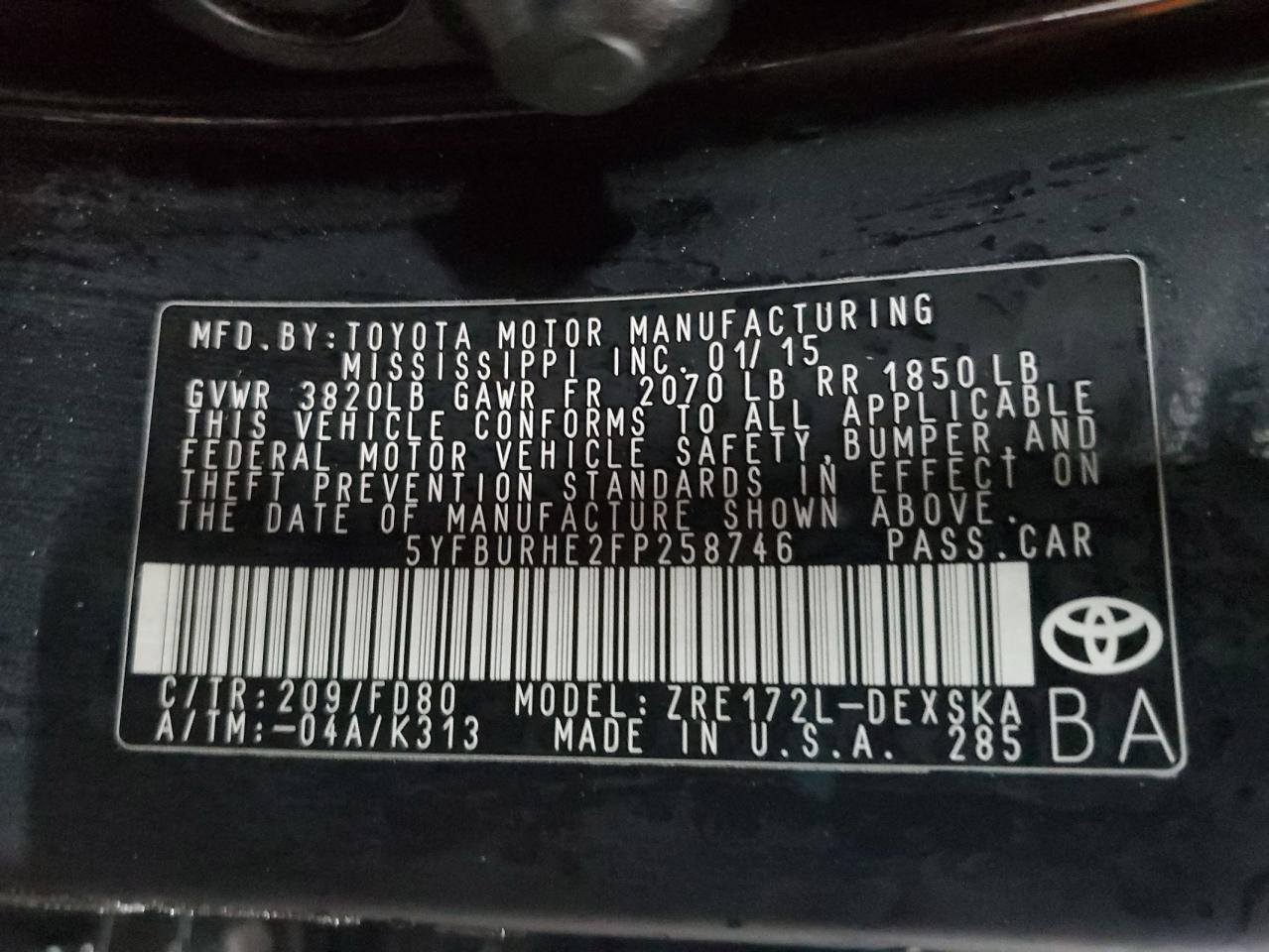 2015 Toyota Corolla VIN 5YFBURHE2FP258746 Copart auction photo, front end / rear end damage thumbnail 12