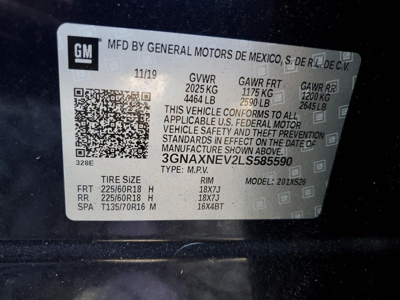 2020 Chevrolet Equinox VIN 3GNAXNEV2LS585590 Copart auction photo, front end / side damage thumbnail 14