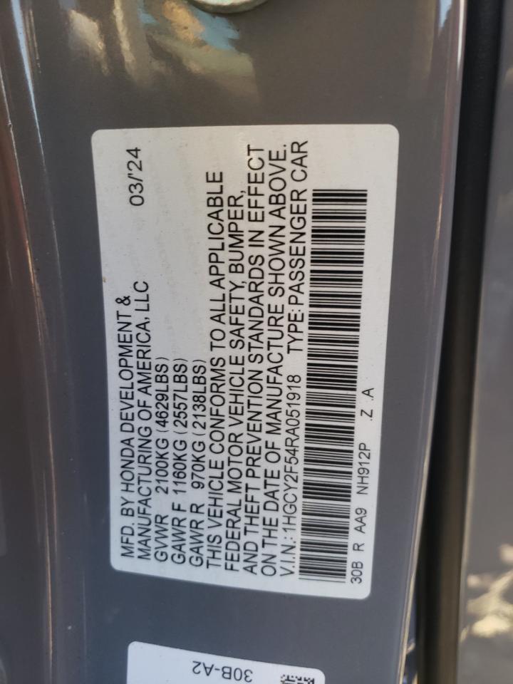 2024 Honda Accord VIN 1HGCY2F54RA051918 Copart auction photo, all over damage thumbnail 15