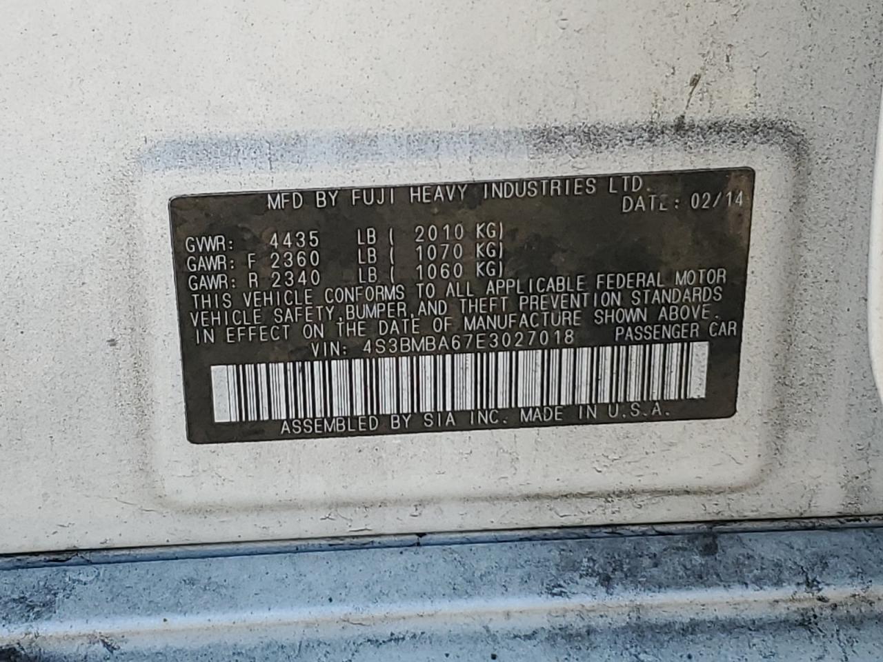 2014 Subaru Legacy VIN 4S3BMBA67E3027018 Copart auction photo, front end / minor dent/scratches damage thumbnail 12