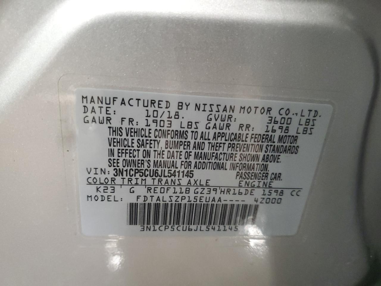 2018 Nissan Kicks VIN 3N1CP5CU6JL541145 Copart auction photo, front end / side damage thumbnail 13