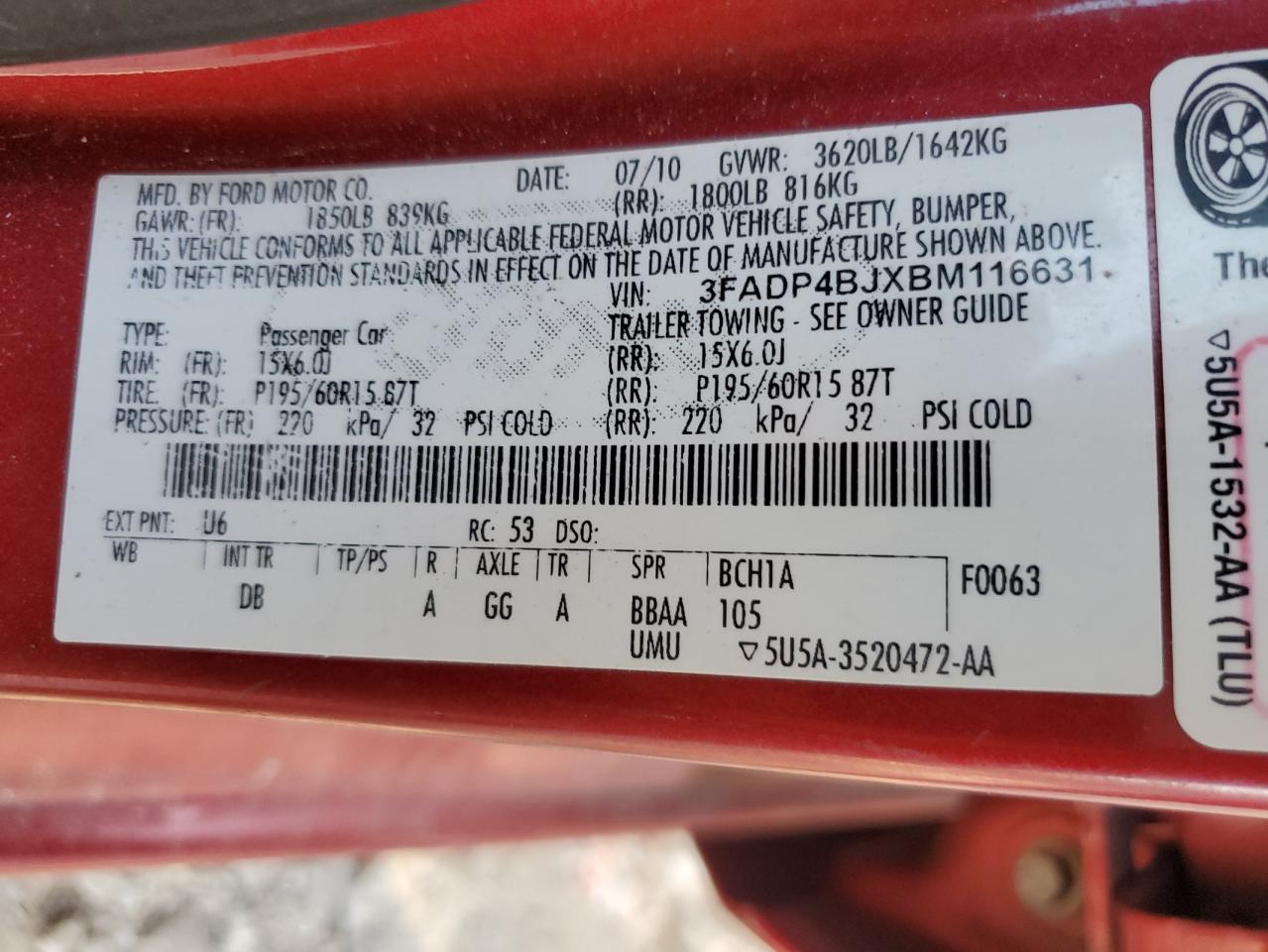 2011 Ford Fiesta VIN 3FADP4BJXBM116631 Copart auction photo, front end damage thumbnail 12