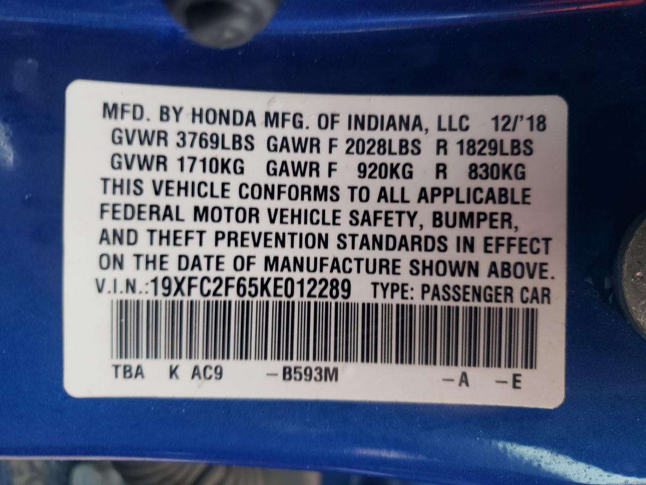 2019 Honda Civic VIN 19XFC2F65KE012289 Copart auction photo, front end / side damage thumbnail 12