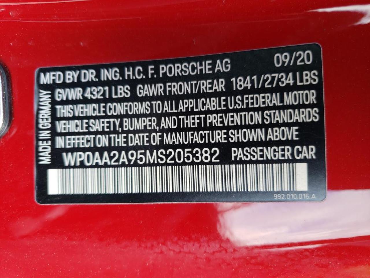 2021 Porsche 911 VIN WP0AA2A95MS205382 Copart auction photo, all over / side damage thumbnail 10