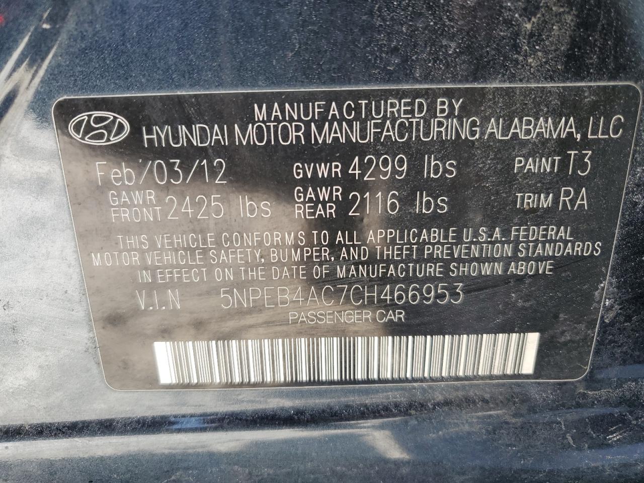 2012 Hyundai Sonata VIN 5NPEB4AC7CH466953 Copart auction photo, front end damage thumbnail 13