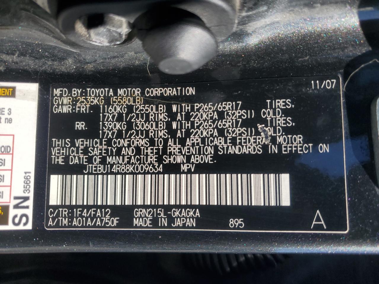2008 Toyota 4Runner VIN JTEBU14R88K009634 Copart auction photo, front end damage thumbnail 14