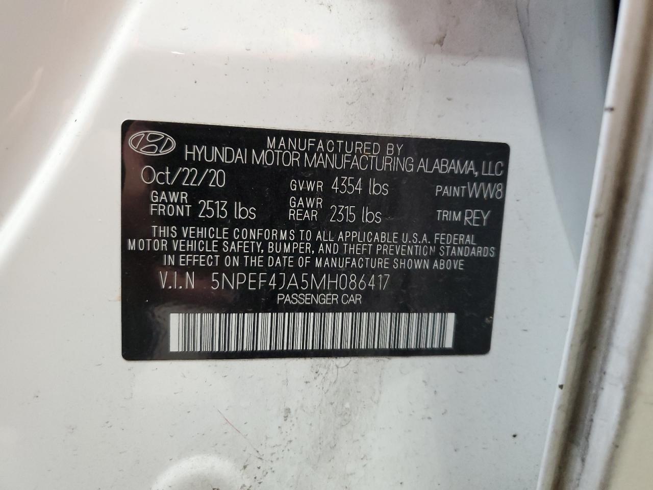 2021 Hyundai Sonata VIN 5NPEF4JA5MH086417 Copart auction photo, all over damage thumbnail 12