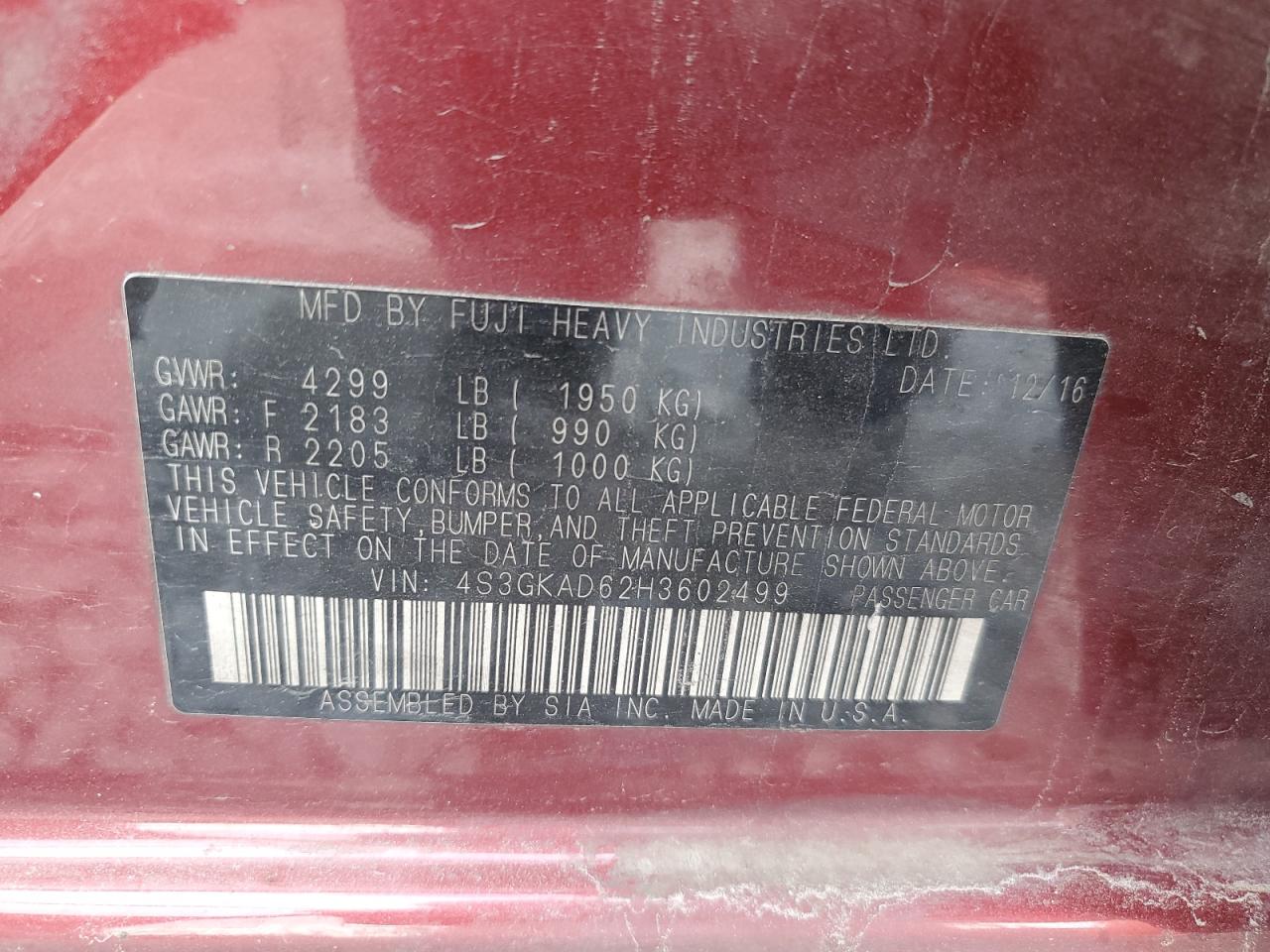 2017 Subaru Impreza VIN 4S3GKAD62H3602499 Copart auction photo, front end / side damage thumbnail 12