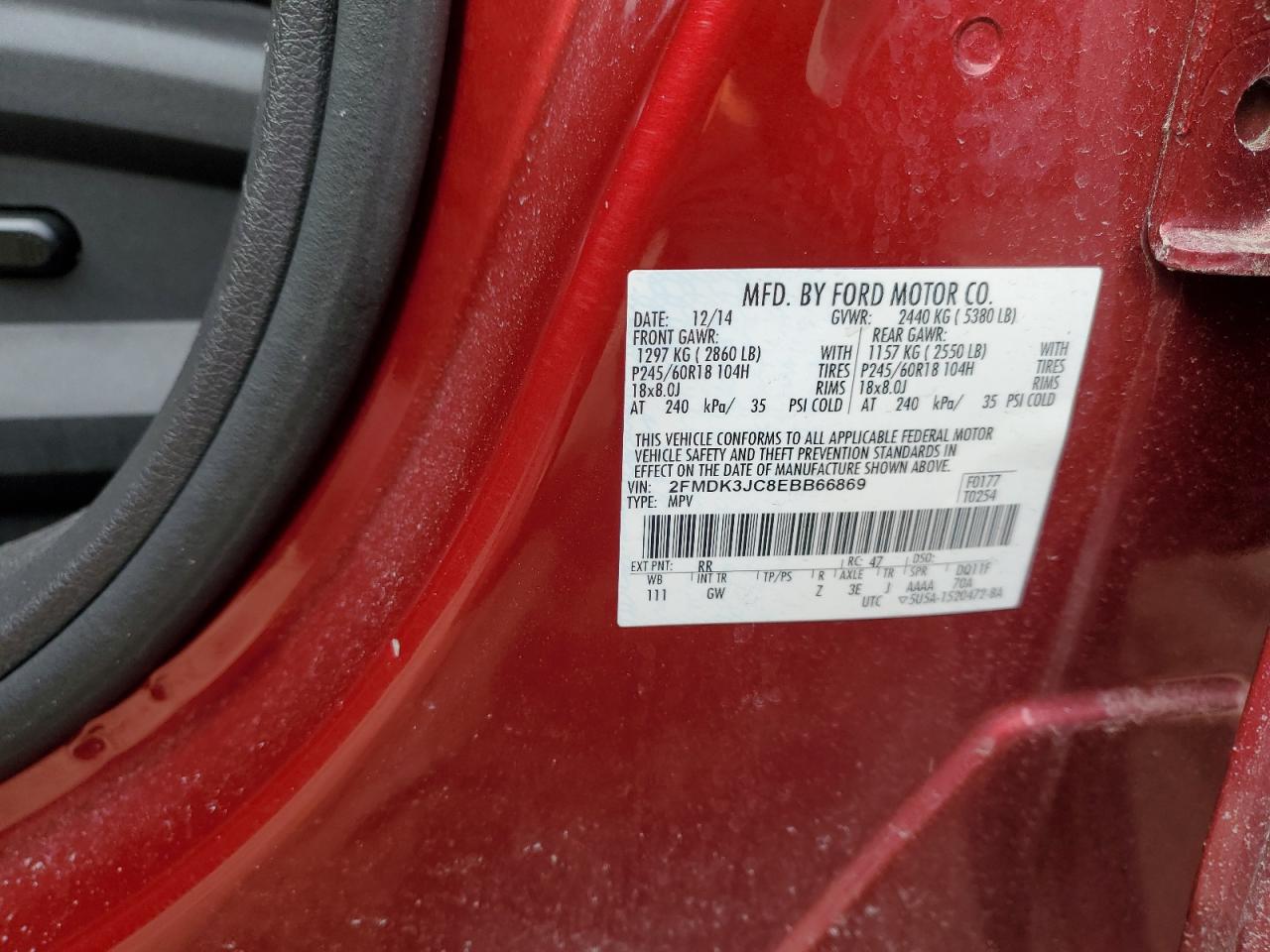 2014 Ford Edge VIN 2FMDK3JC8EBB66869 Copart auction photo, front end damage thumbnail 15