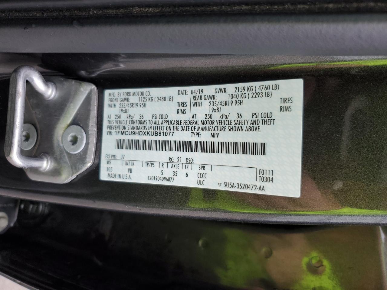 2019 Ford Escape VIN 1FMCU9HDXKUB81077 Copart auction photo, front end damage thumbnail 15