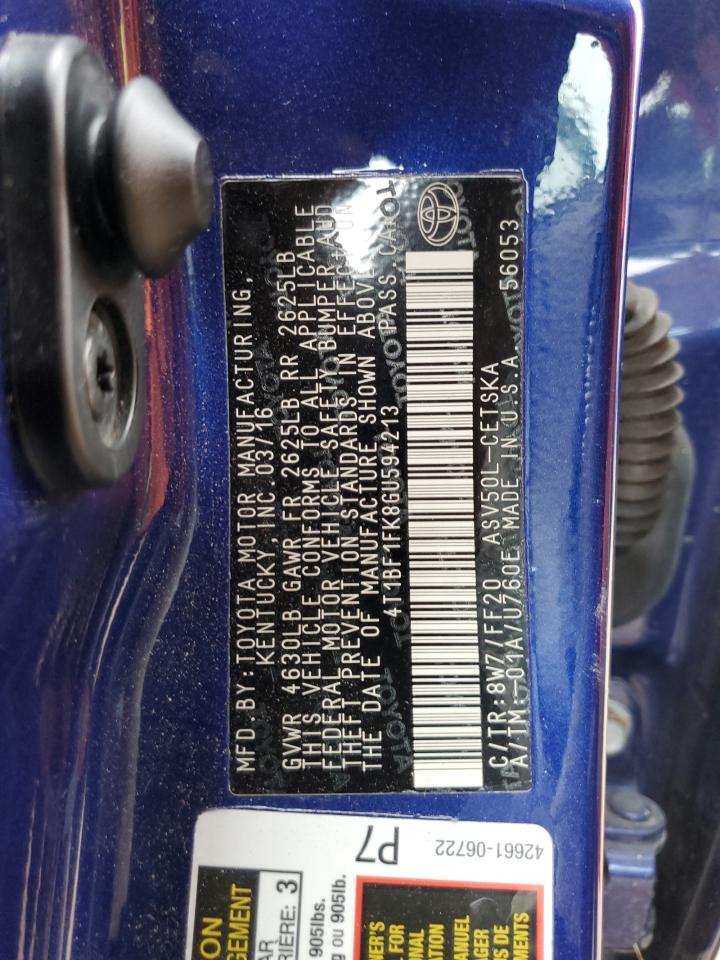 2016 Toyota Camry VIN 4T1BF1FK8GU594213 Copart auction photo, front end / side damage thumbnail 13