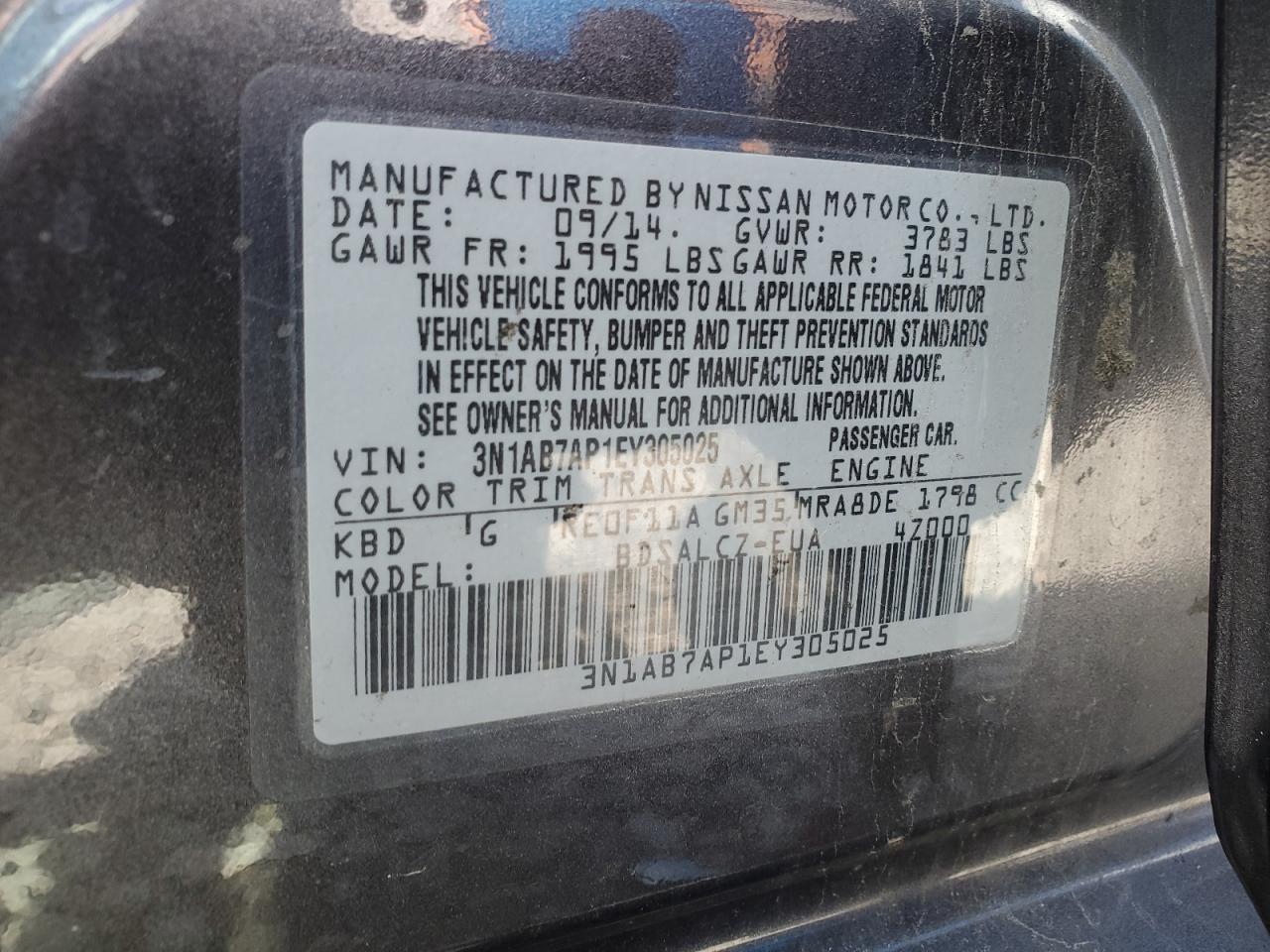 2014 Nissan Sentra VIN 3N1AB7AP1EY305025 Copart auction photo, front end damage thumbnail 13