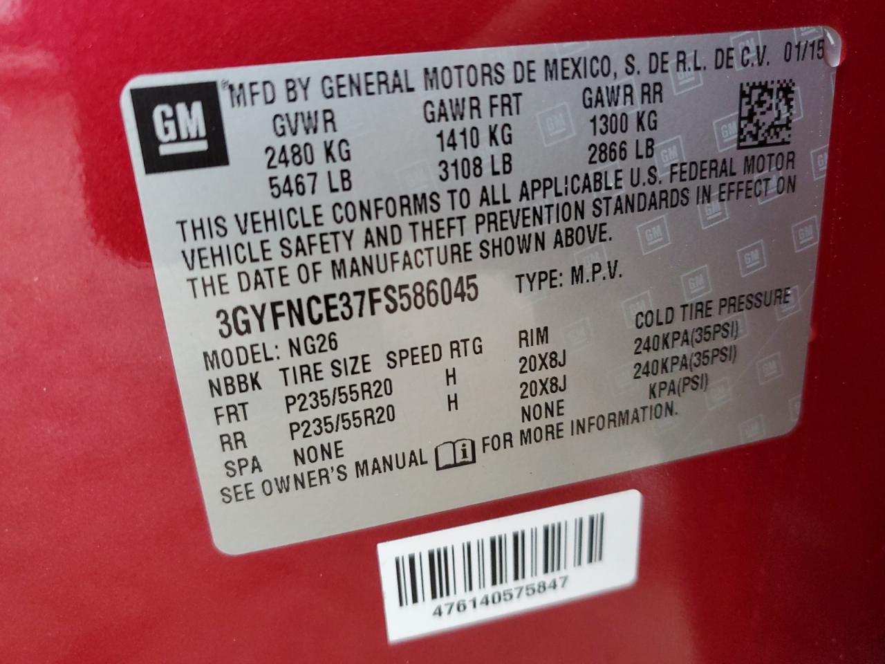 2015 Cadillac SRX VIN 3GYFNCE37FS586045 Copart auction photo, rear end damage thumbnail 15