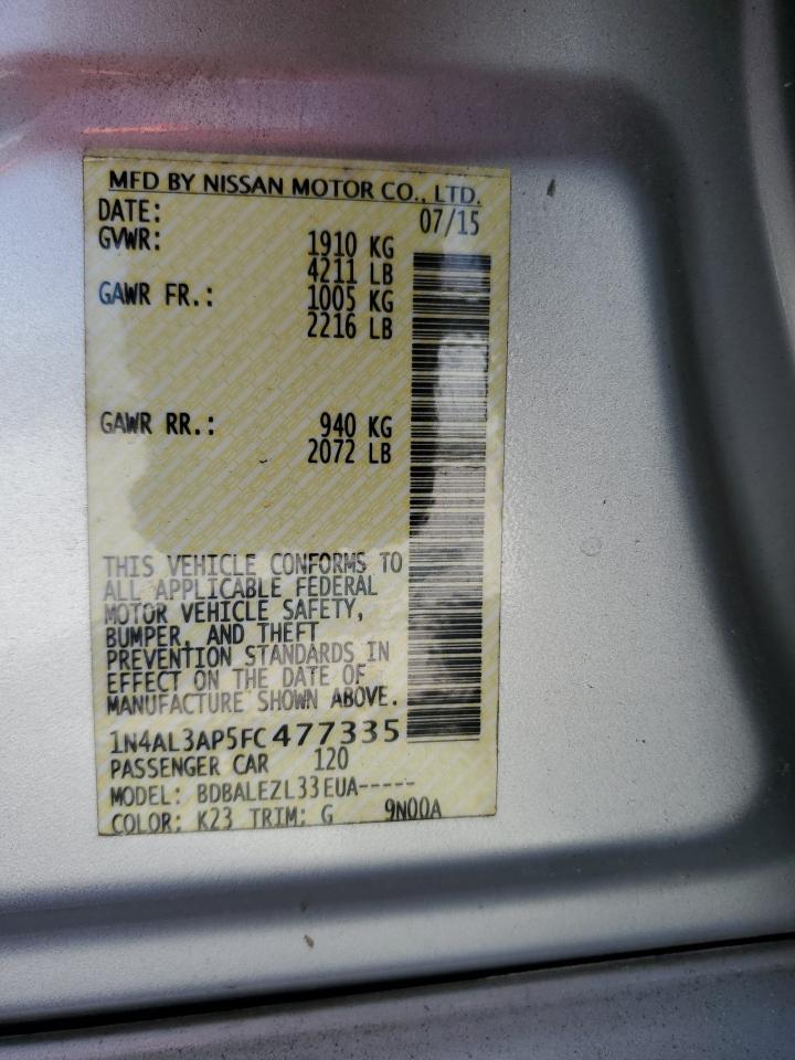 2015 Nissan Altima VIN 1N4AL3AP5FC477335 Copart auction photo, normal wear / minor dent/scratches damage thumbnail 12