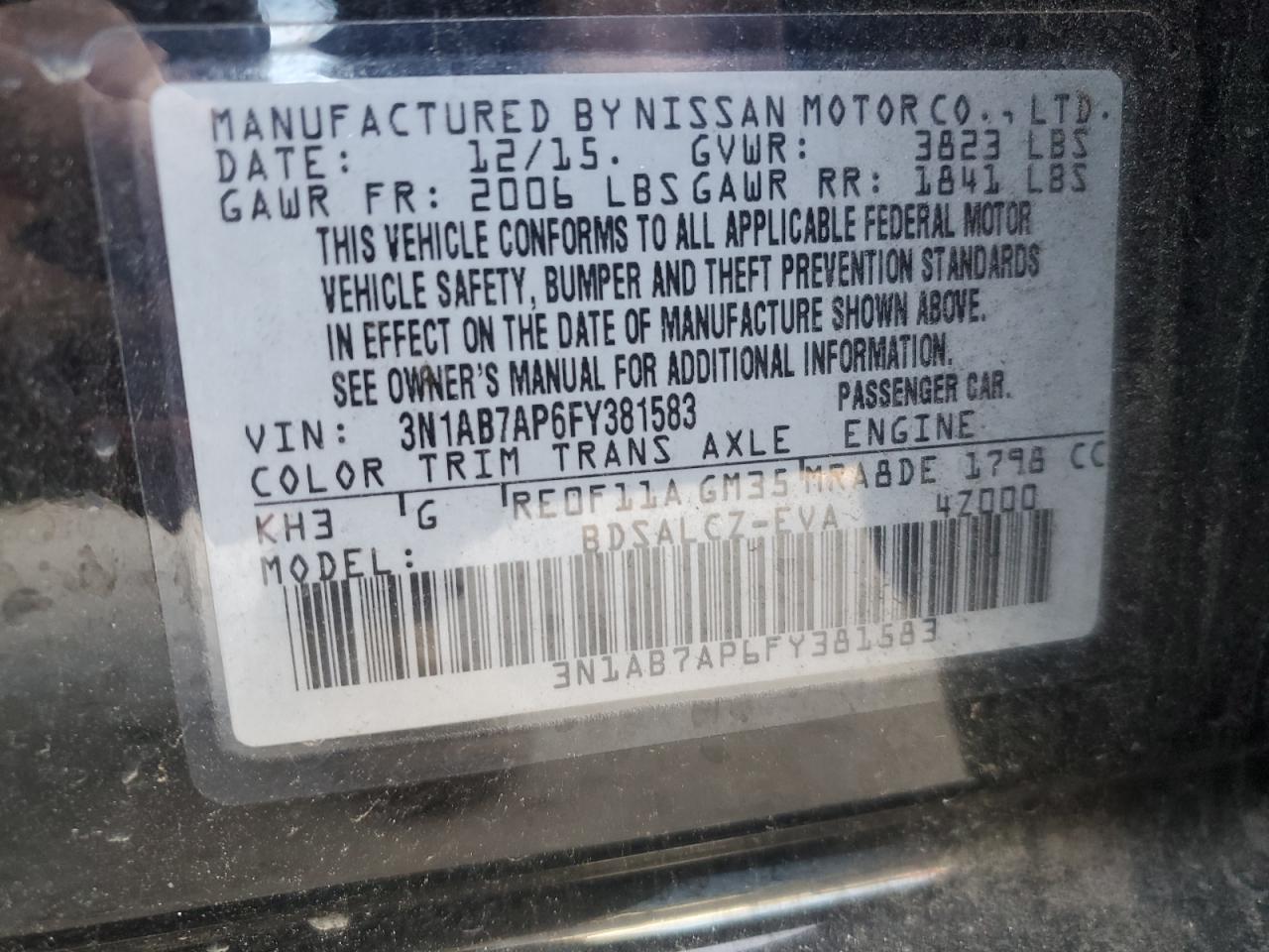 2015 Nissan Sentra VIN 3N1AB7AP6FY381583 Copart auction photo, rear end / minor dent/scratches damage thumbnail 12