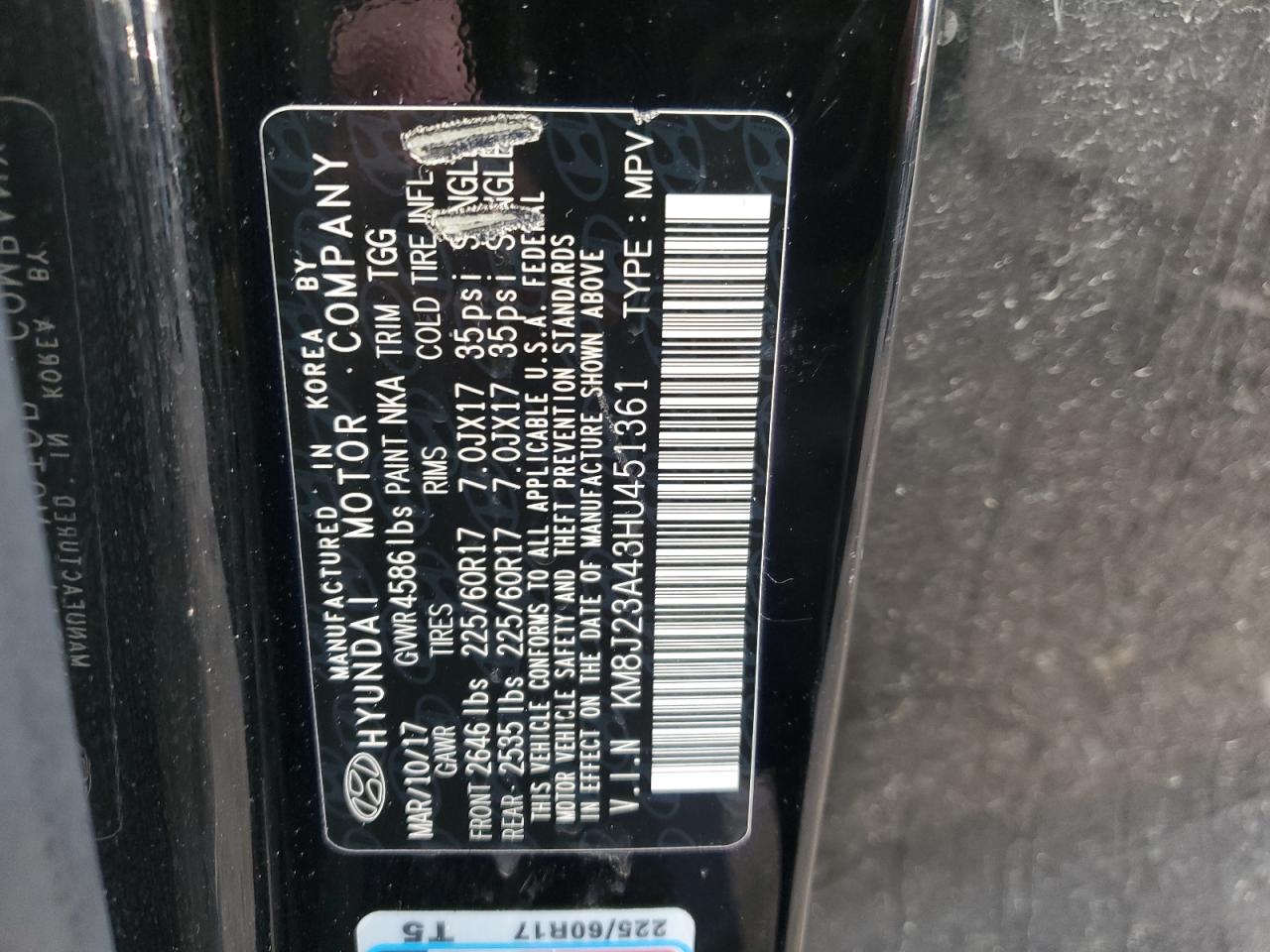 2017 Hyundai Tucson VIN KM8J23A43HU451361 Copart auction photo, side / front end damage thumbnail 15