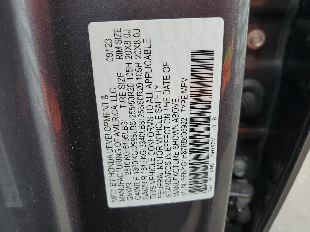 2024 Honda Pilot VIN 5FNYG1H87RB005922 Copart auction photo, front end damage thumbnail 15