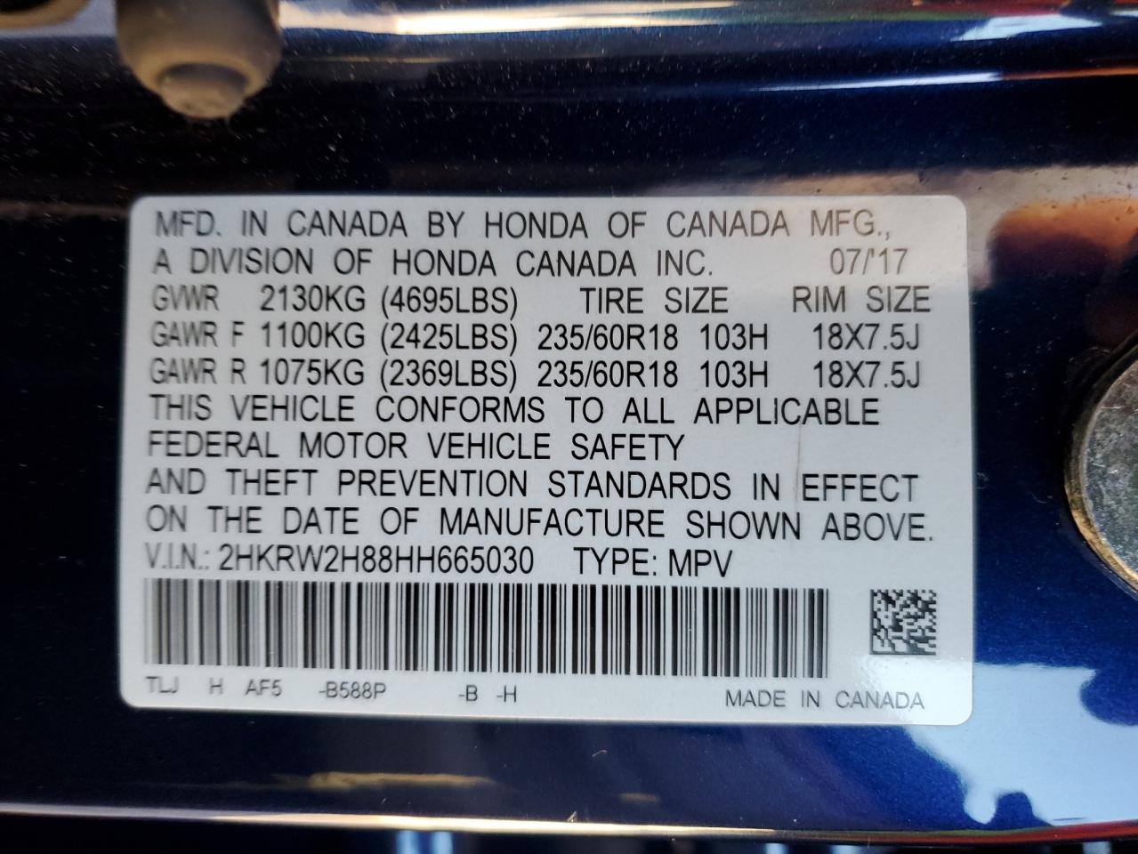 2017 Honda CR-V VIN 2HKRW2H88HH665030 Copart auction photo, side / front end damage thumbnail 15