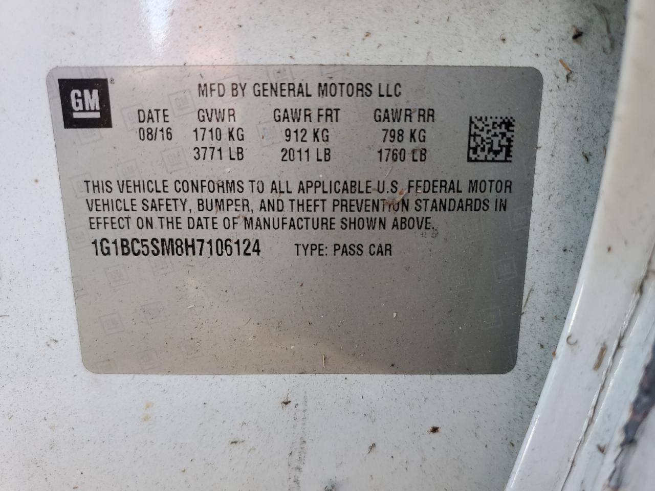 2017 Chevrolet Cruze VIN 1G1BC5SM8H7106124 Copart auction photo, side / front end damage thumbnail 13