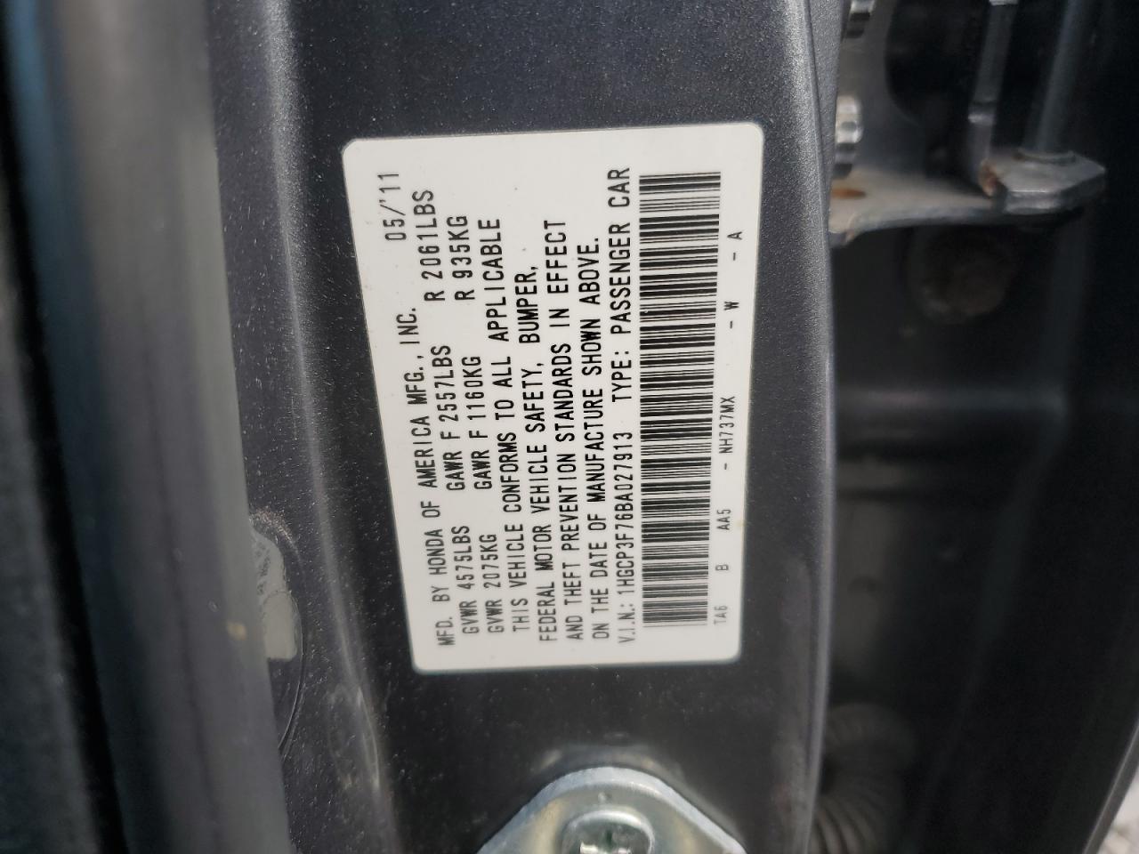 2011 Honda Accord VIN 1HGCP3F76BA027913 Copart auction photo, rear end damage thumbnail 12