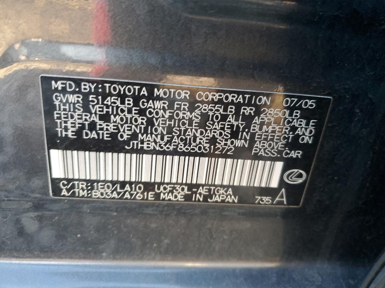 2006 Lexus LS VIN JTHBN36F865031272 Copart auction photo, minor dent/scratches damage thumbnail 12