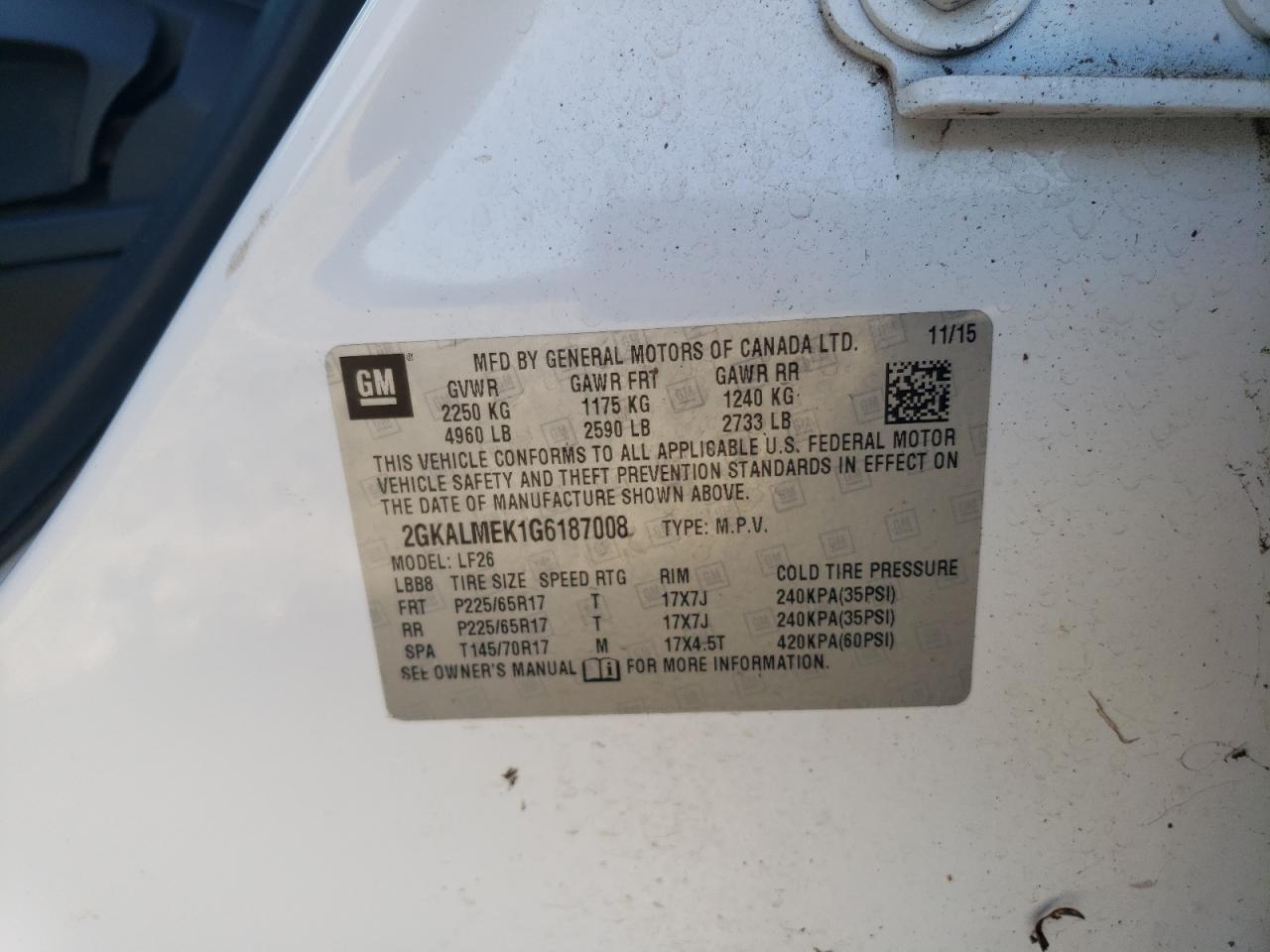 2016 GMC Terrain VIN 2GKALMEK1G6187008 Copart auction photo, mechanical / minor dent/scratches damage thumbnail 13