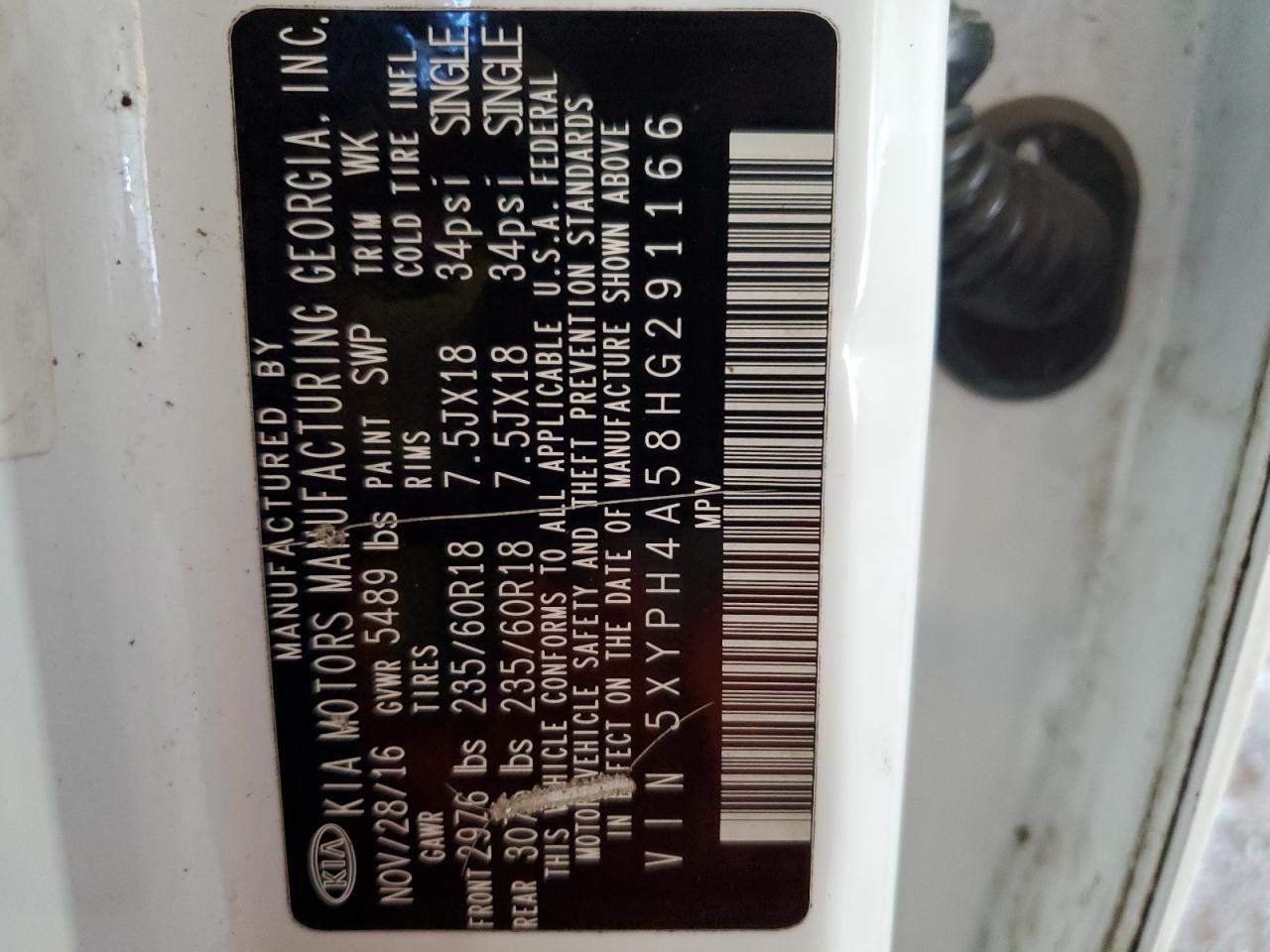 2017 KIA Sorento VIN 5XYPH4A58HG291166 Copart auction photo, front end / side damage thumbnail 13